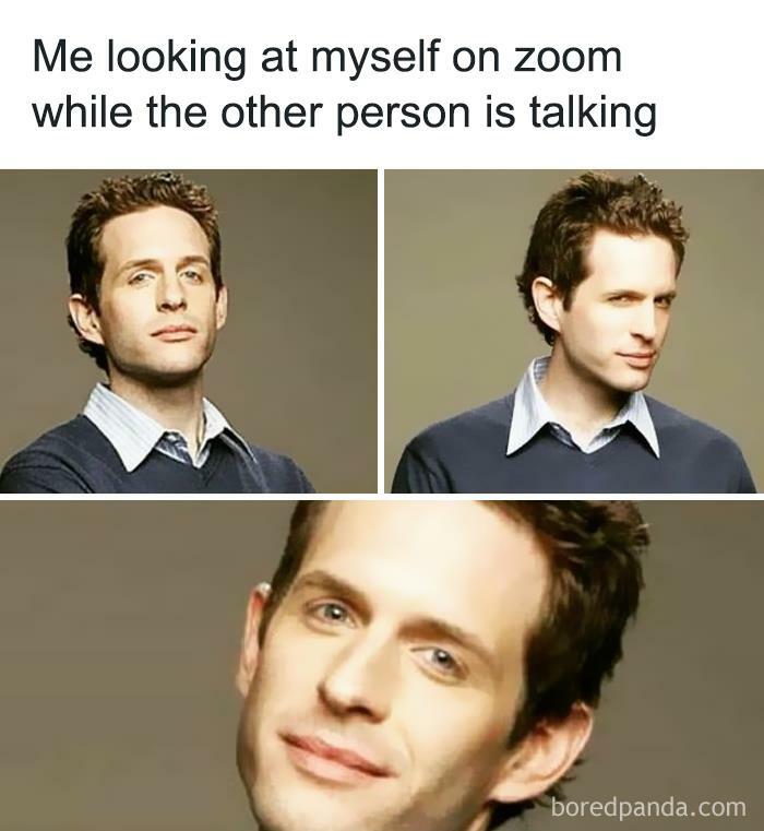 Funny WFH meme showing a person distracted by their own reflection during a Zoom call.