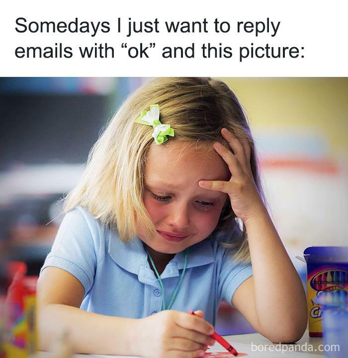 Child drawing with a red crayon, expression of frustration; text humorously reflects work-from-home meme sentiment.