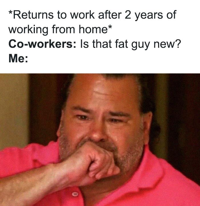 Man in a pink shirt looks amused and nervous, captioned with a humorous work-from-home meme comment.