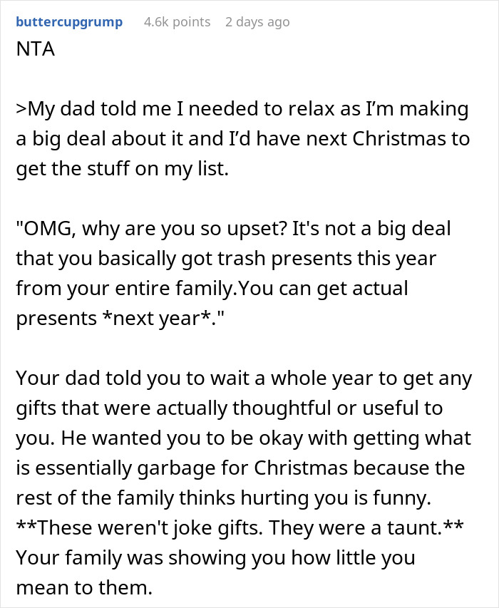 Woman Doesn't Get A Single Real Present From Family, Goes No-Contact, Asks If She Overreacted