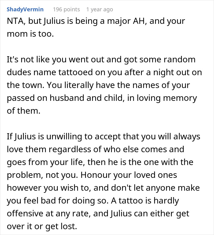 Text discussion on family drama over fianc&eacute;e's tattoo honoring late spouse and son.