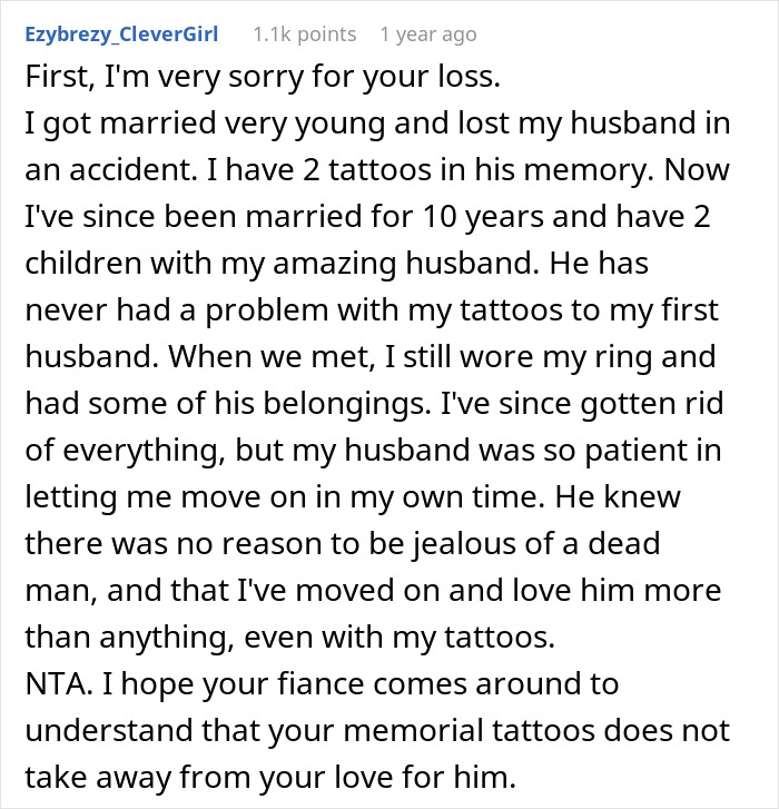 Text discussing family drama over fianc&eacute;e's memorial tattoos for her late spouse and son.