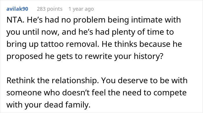 Text exchange discussing family drama over tattoo removal request from fianc&eacute;.