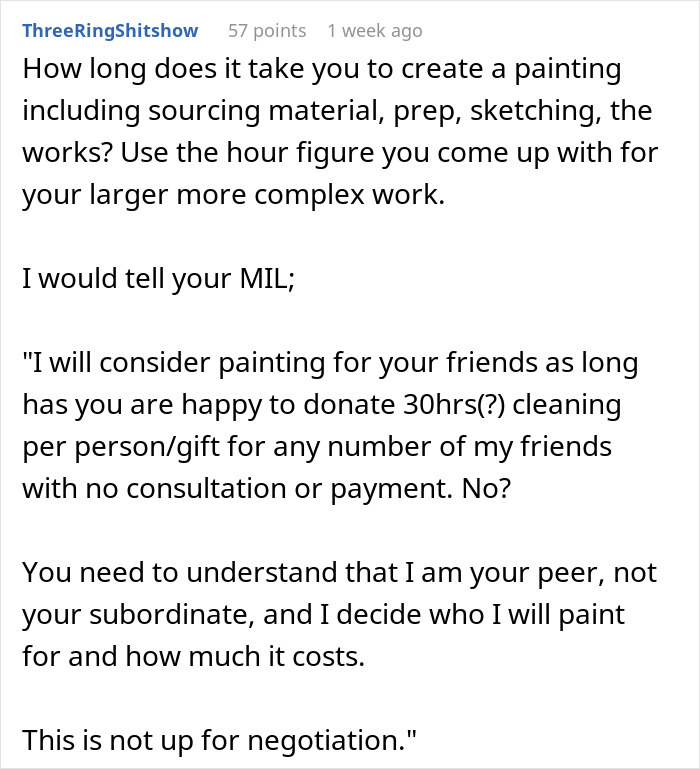 Artist Learns MIL Gave Her Services As A Present To Her Friends Without Her Consent