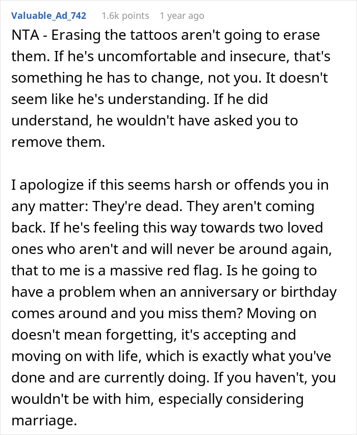 Reddit comment discussing family drama over removing tattoos honoring late spouse and son.