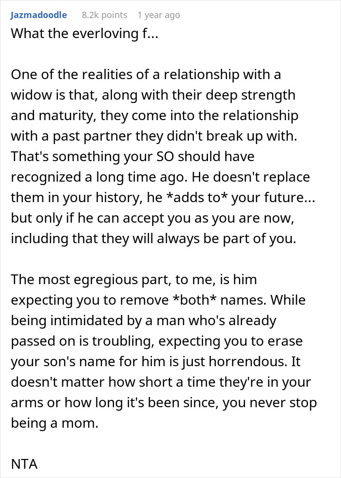 Text discussing family drama over a man's demand to remove tattoos honoring late spouse and son.