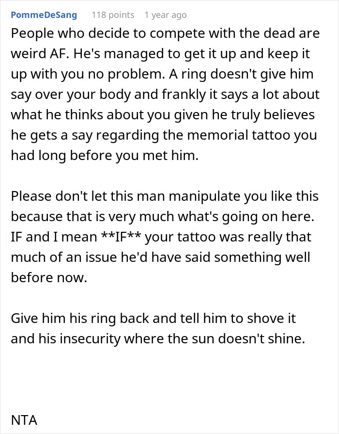 Text response to a family drama about a man demanding his fianc&eacute;e remove a tattoo honoring her late spouse and son.