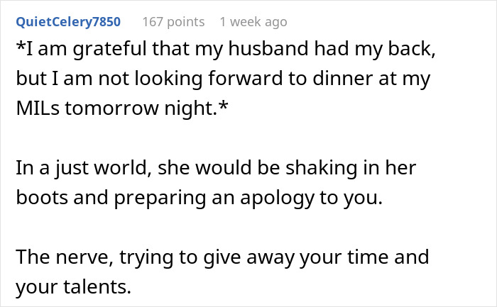 Artist Learns MIL Gave Her Services As A Present To Her Friends Without Her Consent