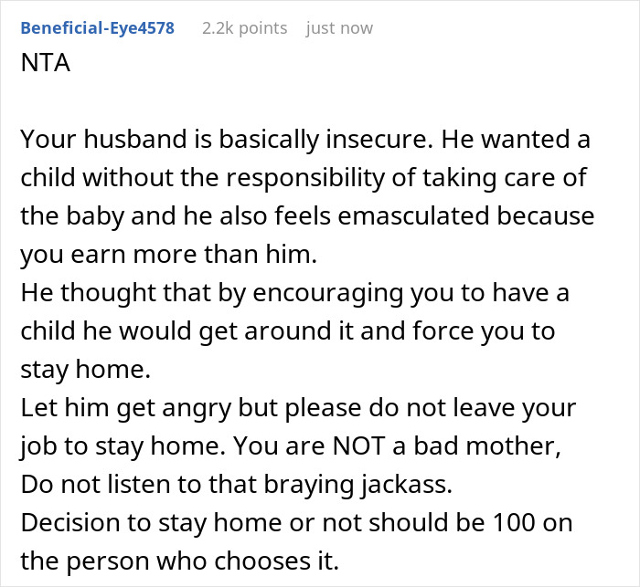 Woman Won't Quit Her Job After Husband Promised To Be A Stay-At Home Dad, Gets Called A Bad Mom Woman Won't Quit Her Job After Husband Promised To Be A Stay-At Home Dad, Gets Called A Bad Mom