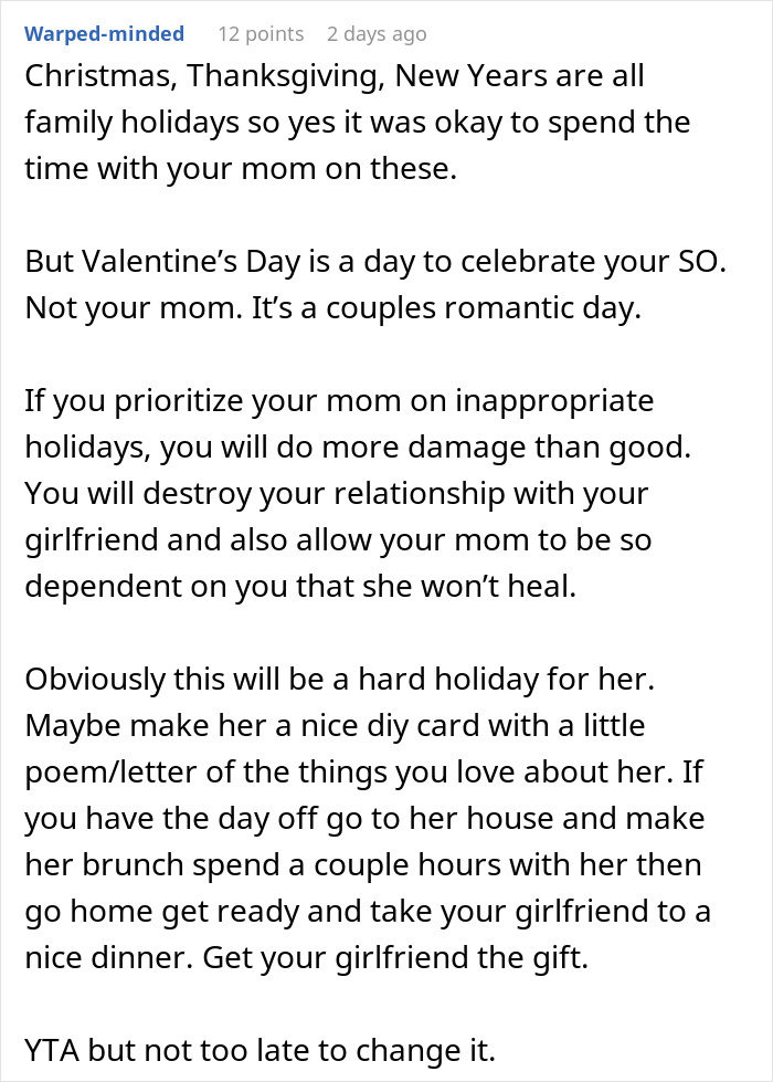 Guy Asks If He&rsquo;d Be A Jerk To Spend Valentine&rsquo;s With Mom Instead Of GF, Gets A Reality Check