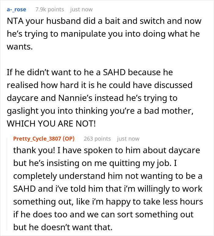 Woman Won't Quit Her Job After Husband Promised To Be A Stay-At Home Dad, Gets Called A Bad Mom Woman Won't Quit Her Job After Husband Promised To Be A Stay-At Home Dad, Gets Called A Bad Mom