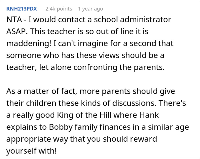 Teacher Tells Parents Their Financial Talk With Daughter Is Very Inappropriate