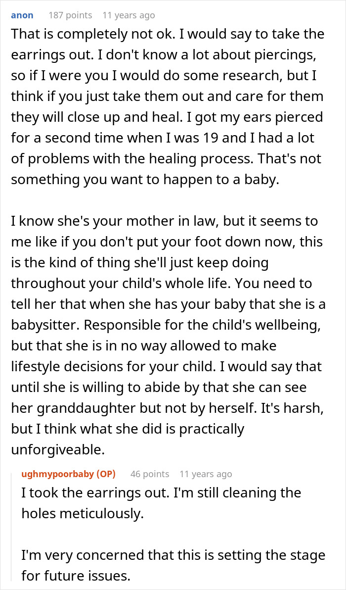 Woman Refuses To Let MIL Babysit Anymore After She Pierced Newborn’s Ears Without Approval Woman Refuses To Let MIL Babysit Anymore After She Pierced Newborn’s Ears Without Approval