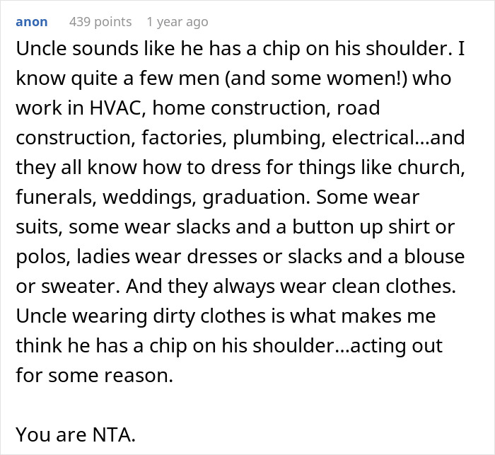 Uncle Refuses To Dress Up Because Of His Profession, Woman Denies Him An Invitation To Her Wedding