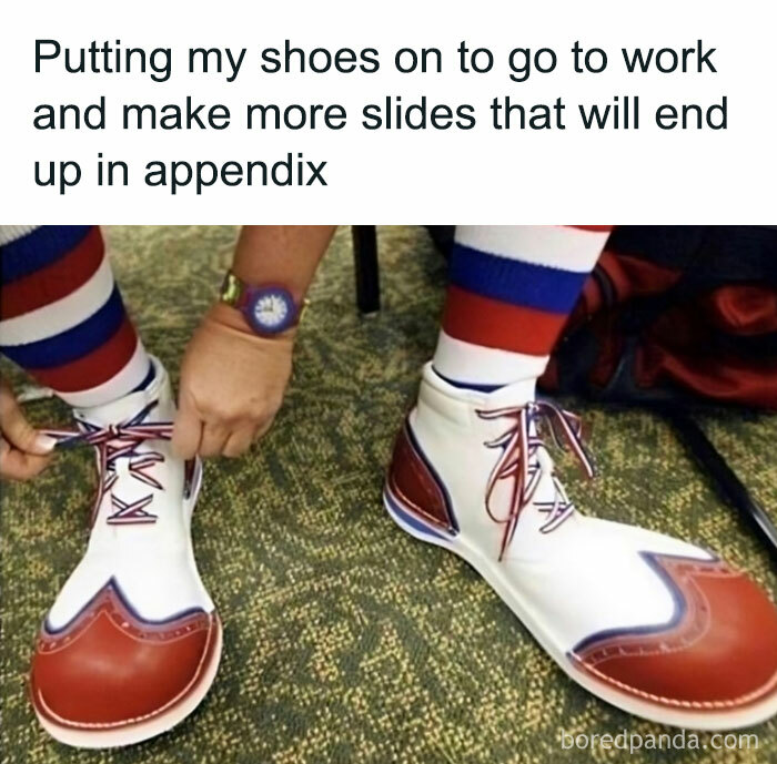 Person tying large clown shoes with text about consulting comedy at work.