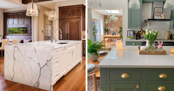 white corian countertop on the kitchen island (left), white quartz countertop (right)
