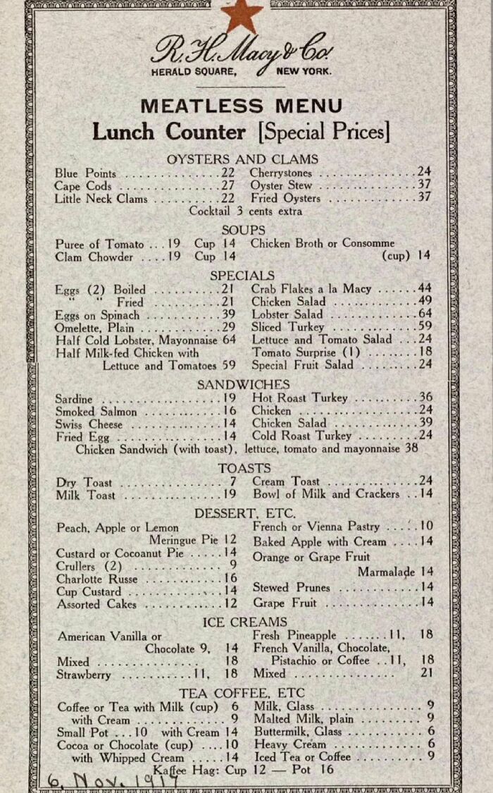 Lunch Menu From R.h. Macy & Co, New York, 1917. All Prices Are In Cents