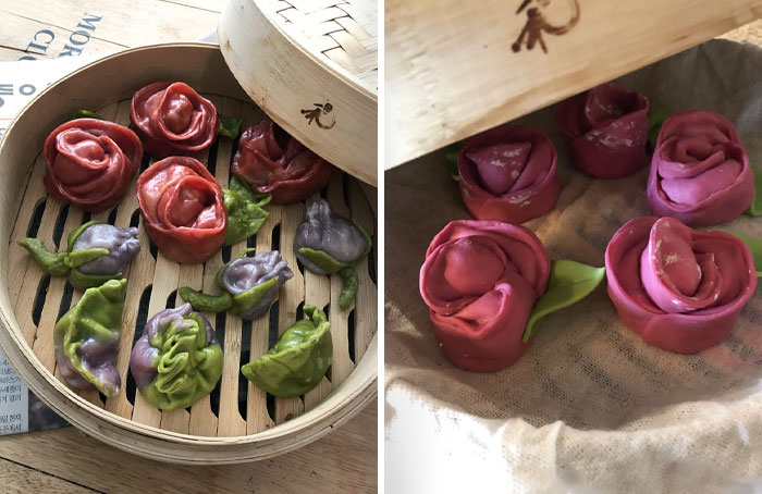 For Valentine's Day I Made Korean Dumplings With Beet, Spinach And Purple Cabbage