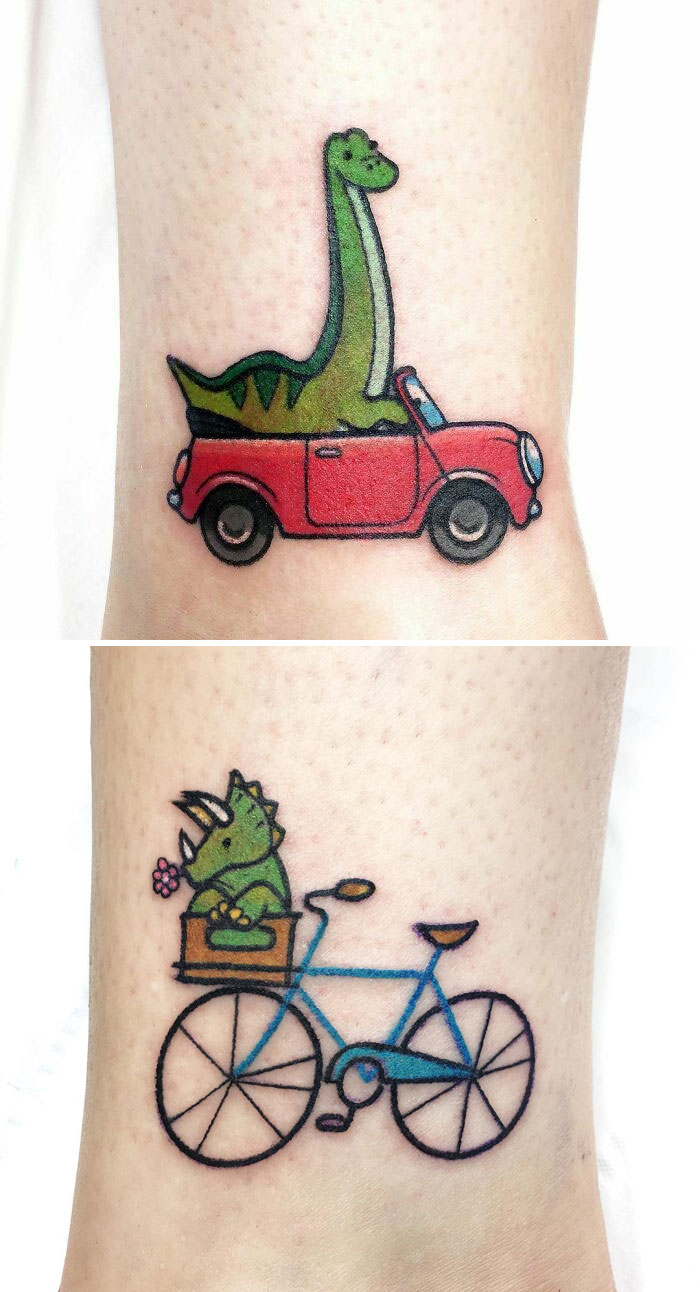 Colorful dinosaur tattoos with one driving a red car and another riding a blue bicycle.