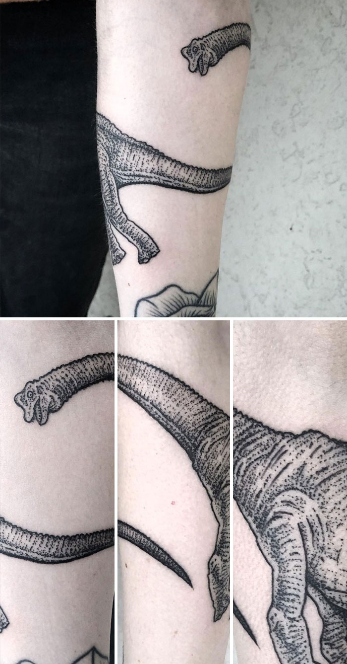Dinosaur tattoo of a long-necked dinosaur perfectly executed on an arm, showcasing intricate linework and detail.