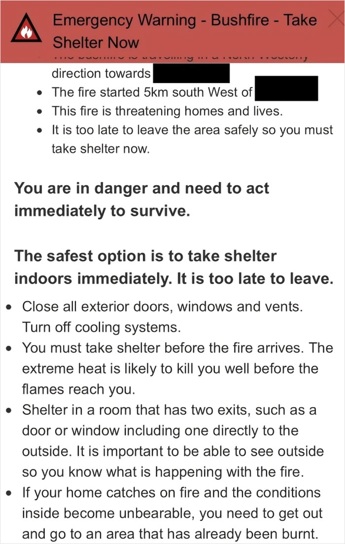 Emergency warning alert for bushfire danger, urging immediate action to take shelter to survive fast-moving fire threat.