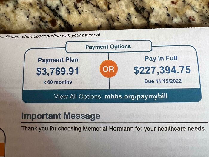 Medical bill showing a disturbing payment option of over two hundred thousand dollars or monthly payments totaling nearly four thousand.