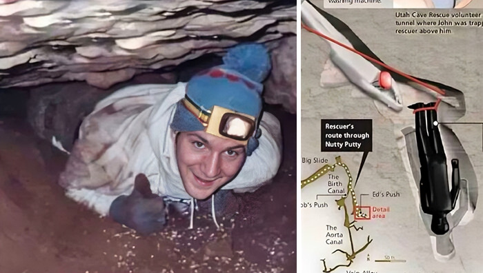 Person wearing headlamp and winter hat crawling through a narrow cave tunnel in a terrifying and disturbing rescue scene
