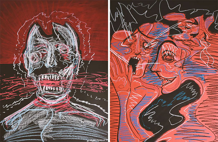 Dibujos que hice en estado psicótico durante mi última manía por mi bipolaridad. No sabía qué era real y qué estaba en mi cabeza