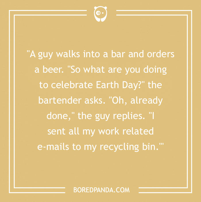 Earth Day joke on a tan background about emails being sent to the recycling bin.