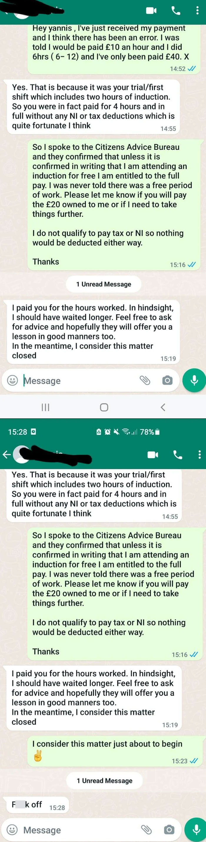 My Friend's Daughter Helped Out A Restaurant For Six Hours, At £10 Per Hour. This Was The Conversation When She Noticed She Was Only Paid £40