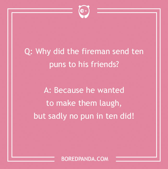 Firefighter jokes on a pink background, featuring a pun about a fireman sending ten puns to his friends.