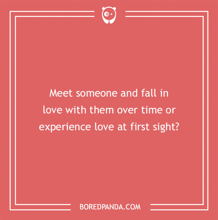 Spicy "Would You Rather" question on love: fall in love over time or at first sight, on a red background.