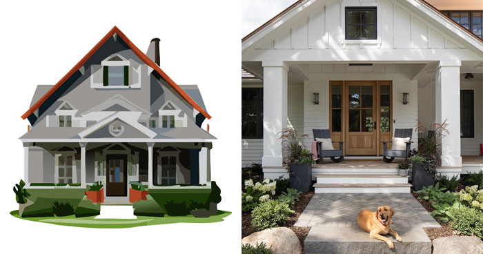 Illustration of house with porch and picture of porch with columns and dog lying on the ground