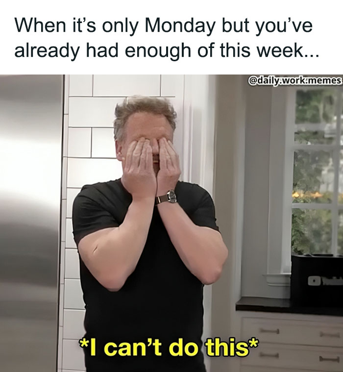 Man covering face in frustration with relatable work meme text about Monday and quitting the workday struggles.