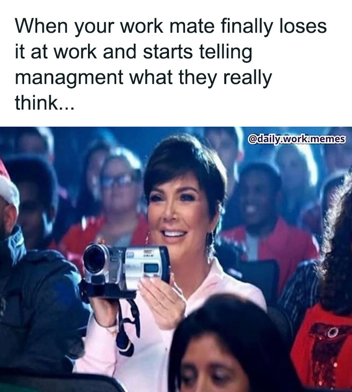 Woman smiling and holding a video camera, capturing a funny and relatable work meme about telling management what they think.