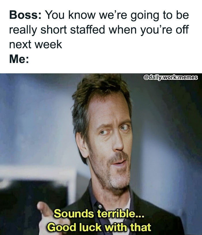 Man with skeptical expression pointing, meme about being short staffed at work, relatable work day humor and funny memes.