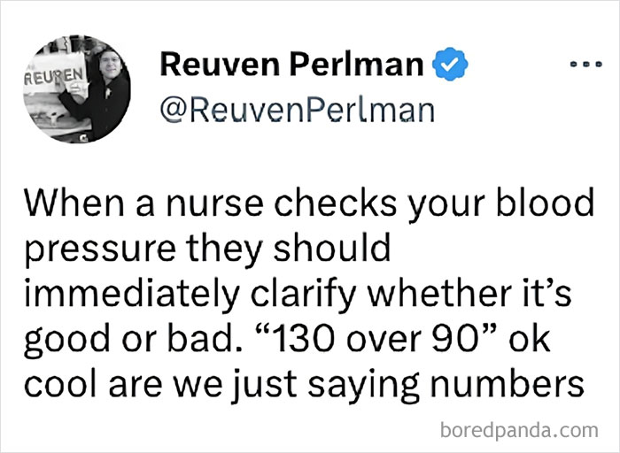 Doctor meme about unclear blood pressure numbers, humorous tweet from Reuven Perlman.