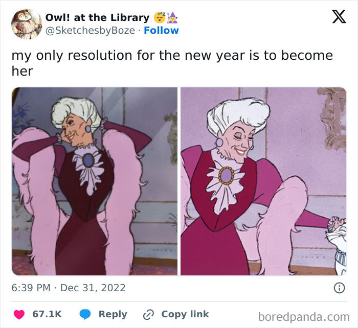 Tweet about New Year's resolutions featuring animated character dressed elegantly in a purple outfit with a pink fur stole.