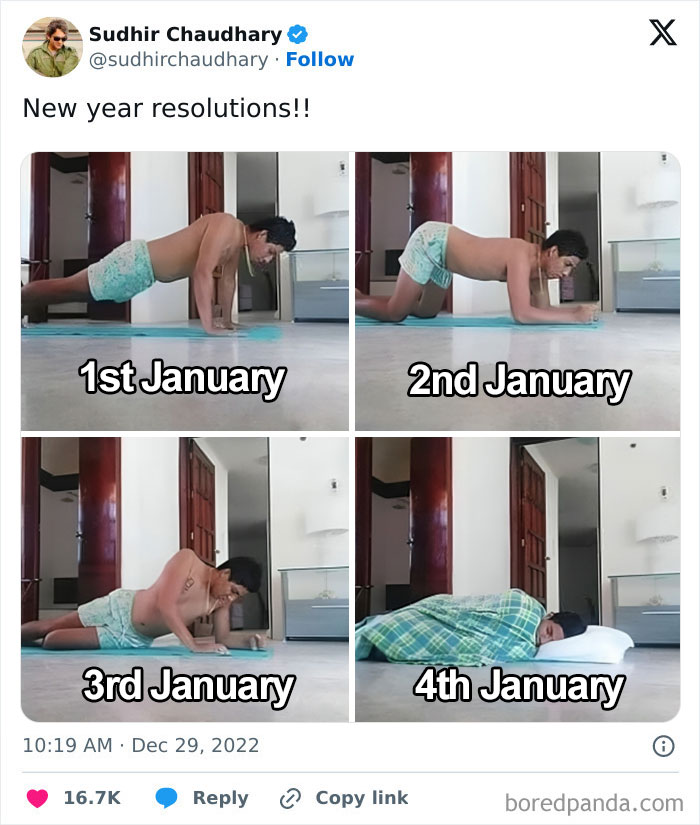 Tweet showing a man starting push-ups on January 1st and giving up by January 4th, humorously depicting New Year’s resolutions.