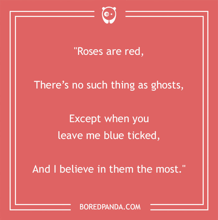 Funny "Roses Are Red" poem about ghosts and being left on read, on a red background from BoredPanda.