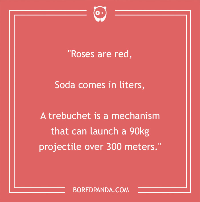 Funny “Roses Are Red” poem about trebuchets and soda, displayed on a red background with Bored Panda logo.