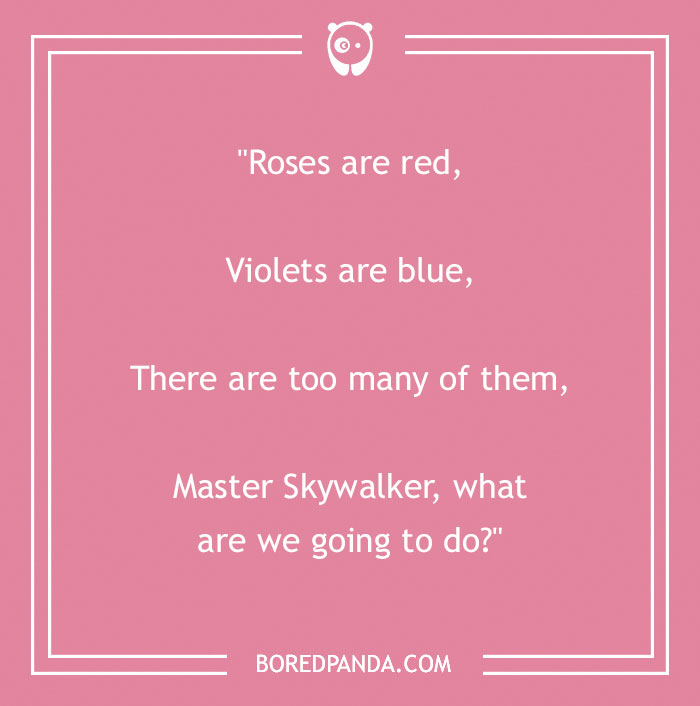 Funny “Roses Are Red” poem on a pink background with a humorous twist involving Master Skywalker.