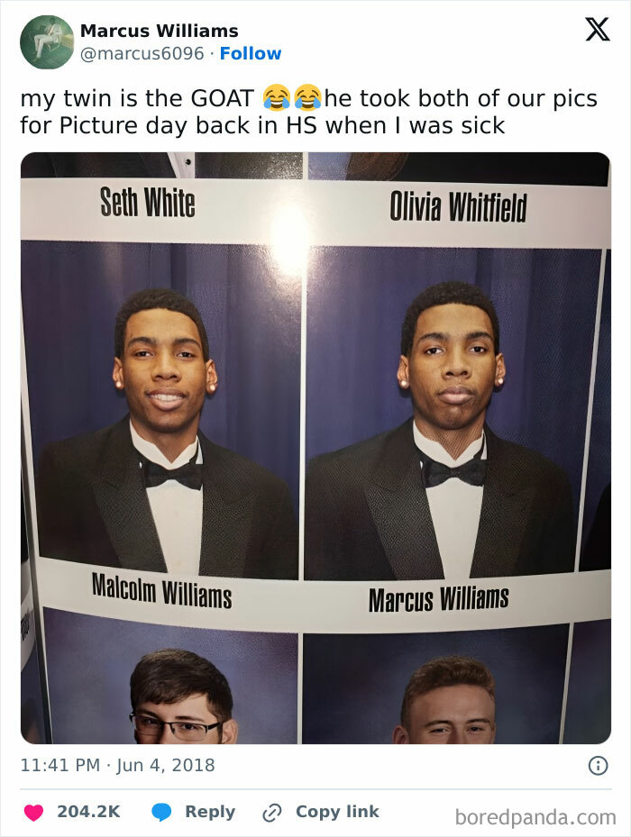 Yearbook sibling meme showing twins posing for each other's school photos as a cheeky switch on picture day.
