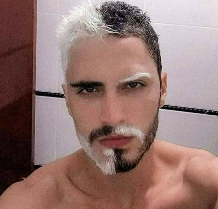 A man with a half-black, half-white beard and hair, creating a humorous image with no context needed.
