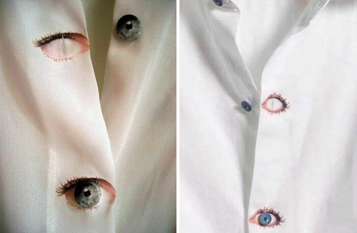 Shirt with eye designs around buttonholes, creating a humorous and surreal effect.