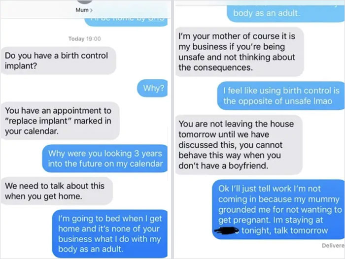 I Synced My Calendar With My Mum And Forgot I Have My Birth Control Implant Replacement Date Marked 3 Years From Now. She Saw It And Texted Me This While I Was At Work. I’m 20