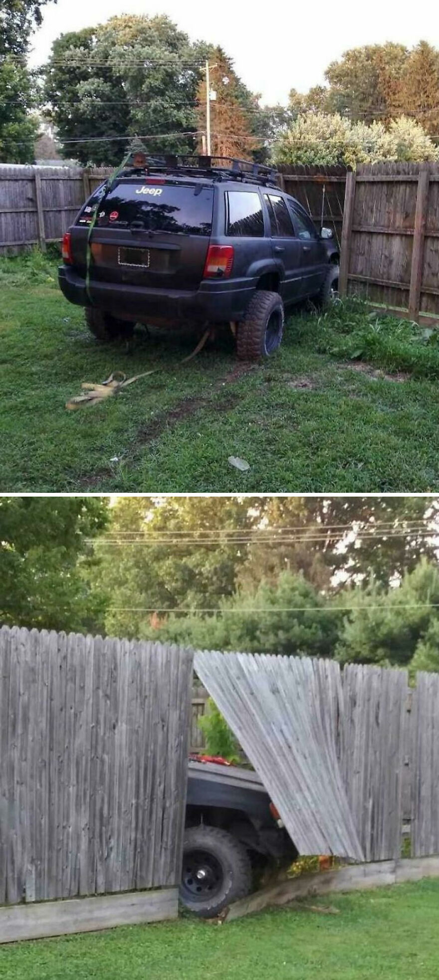My 15-Year-Old Son Decided To Move His Sister's Jeep Behind The Garage To Make Room For Another Vehicle, But He “Forgot” It Had No Brakes. So, This Happened To My Fence