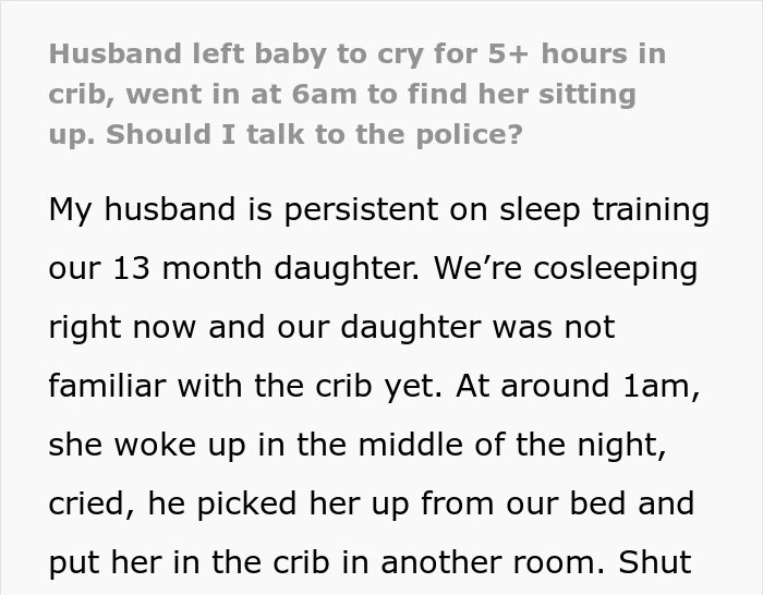 Wife Wonders If She Should Call The Police After Seeing How Her Husband Sleep Trains Their Baby Wife Wonders If She Should Call The Police After Seeing How Her Husband Sleep Trains Their Baby