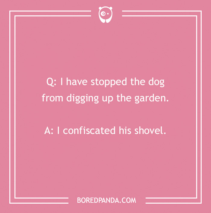 Dog joke on a pink background about stopping a dog digging by confiscating its shovel.