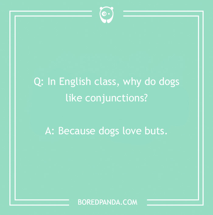 Dog joke about conjunctions on a mint green background from BoredPanda.com.